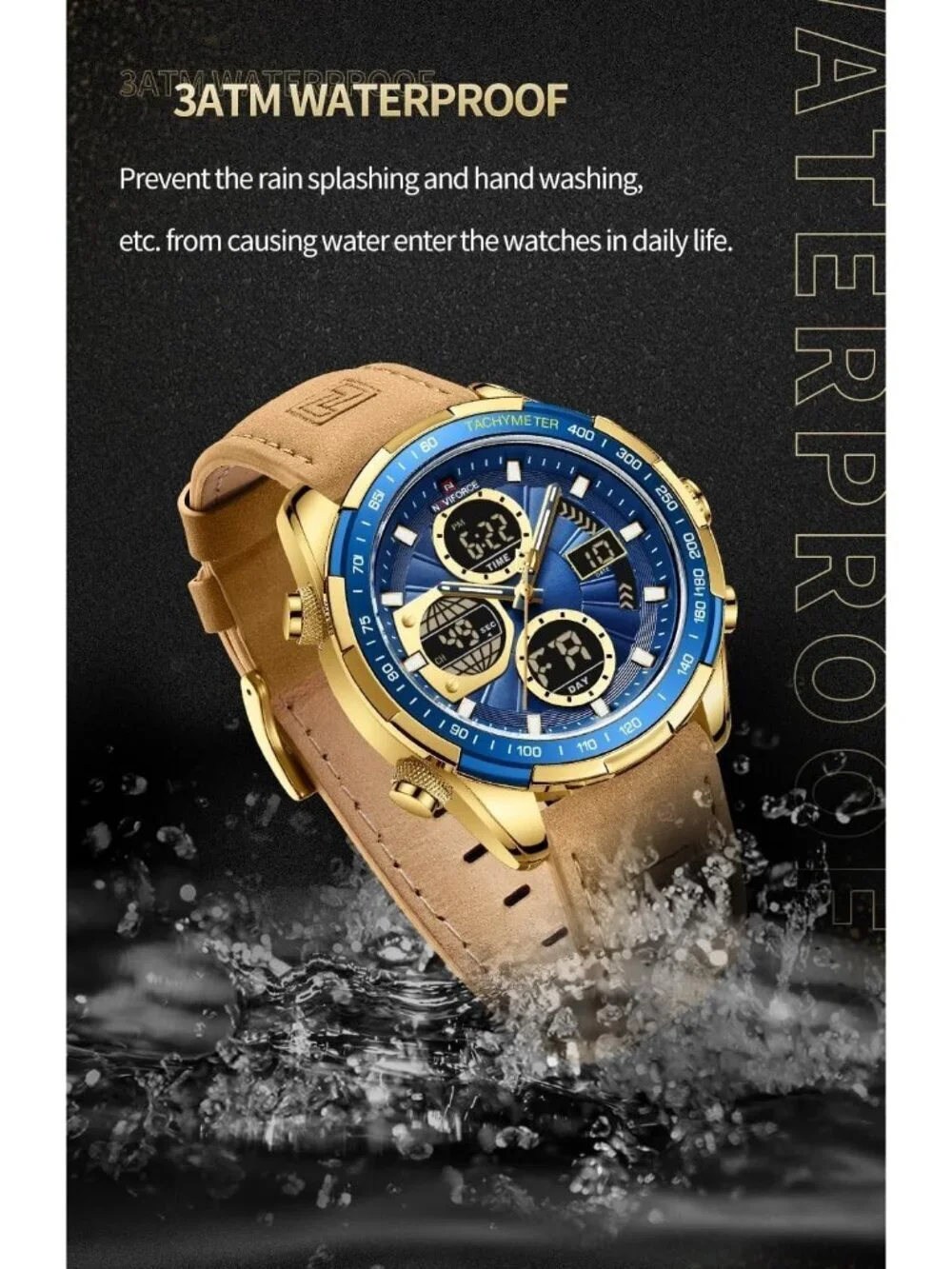 Men's Tan Blue Analog Quartz Waterproof Chronograph Classic Stylish Casual Watch